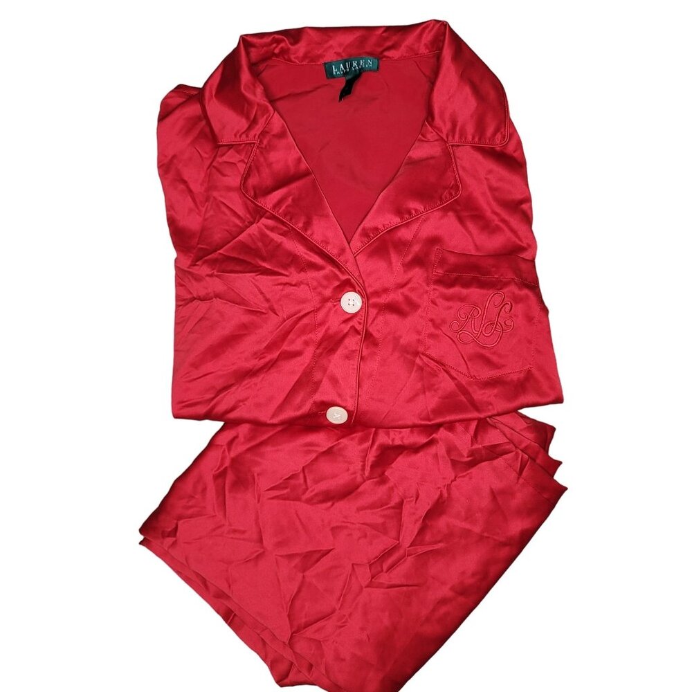 Lauren Ralph Lauren Women's Red Satin Pajama Set Monogrammed with RL logo large